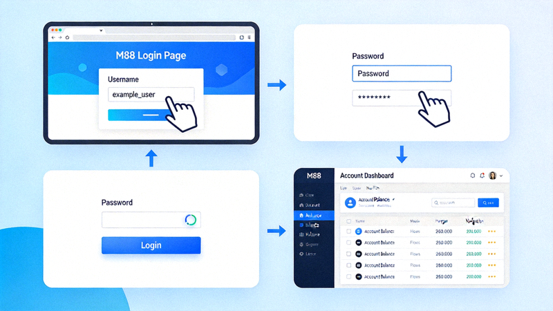 Animasi demonstrasi proses login M88 mulai dari membuka halaman, memasukkan username password, hingga berhasil masuk ke dashboard akun