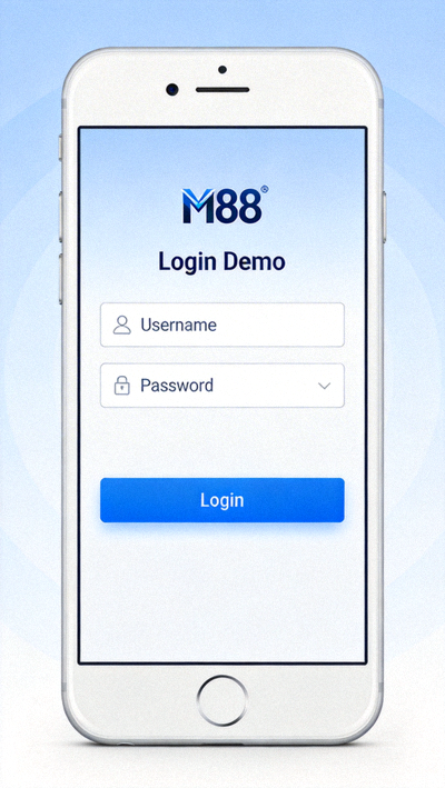 Demo login M88 di perangkat mobile smartphone menunjukkan tampilan responsif dan tombol login yang mudah diakses