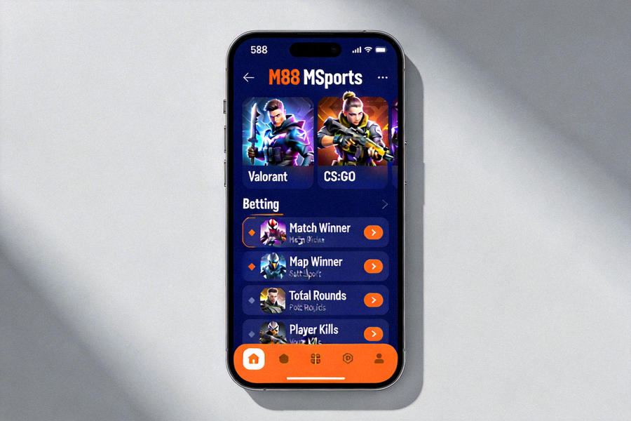 Tampilan versi mobile M88 MSports di smartphone yang menampilkan pilihan taruhan pada game Valorant dan CS:GO
